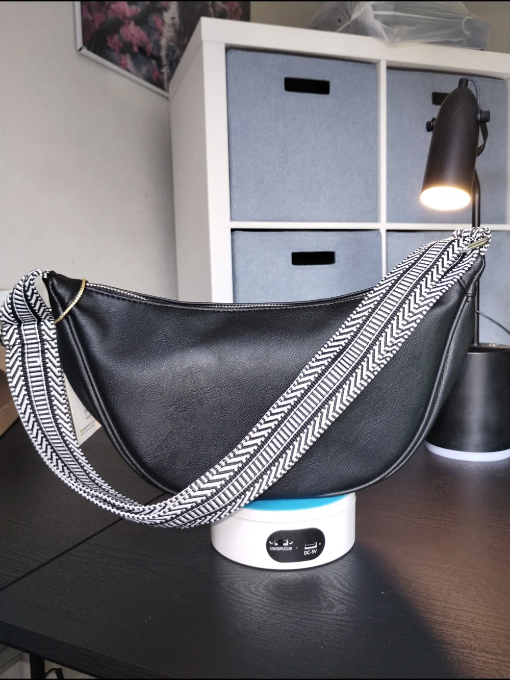 Black Vegan Leather Shoulder Bag with Patterned Strap